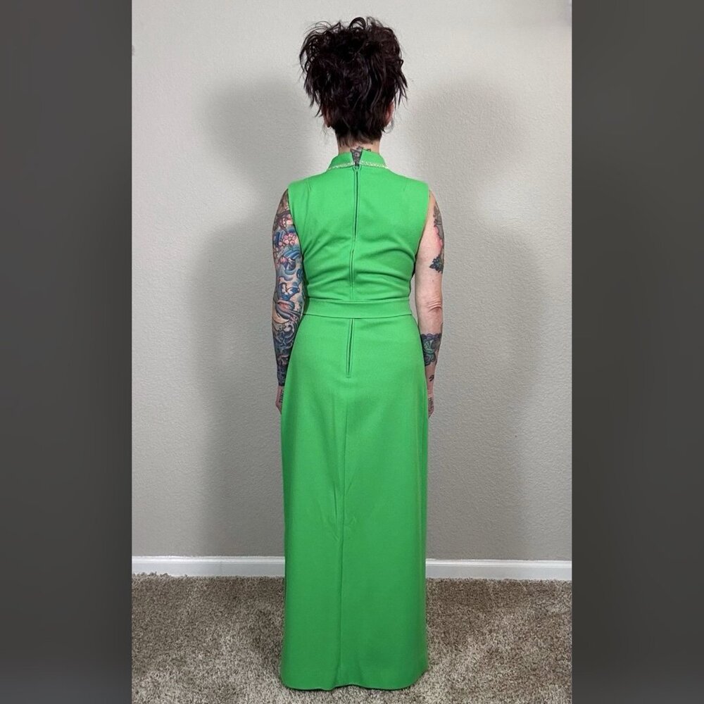 60s Bright Green Maxi Sheath Column Dress Rhinestone MCM Mod Rockabilly Pinup M - Picture 12 of 15